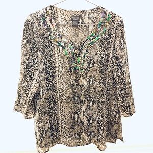 ADDITIONS by Chico's Animal Print Top Shirt Sheer Long Sleeve, black and tan